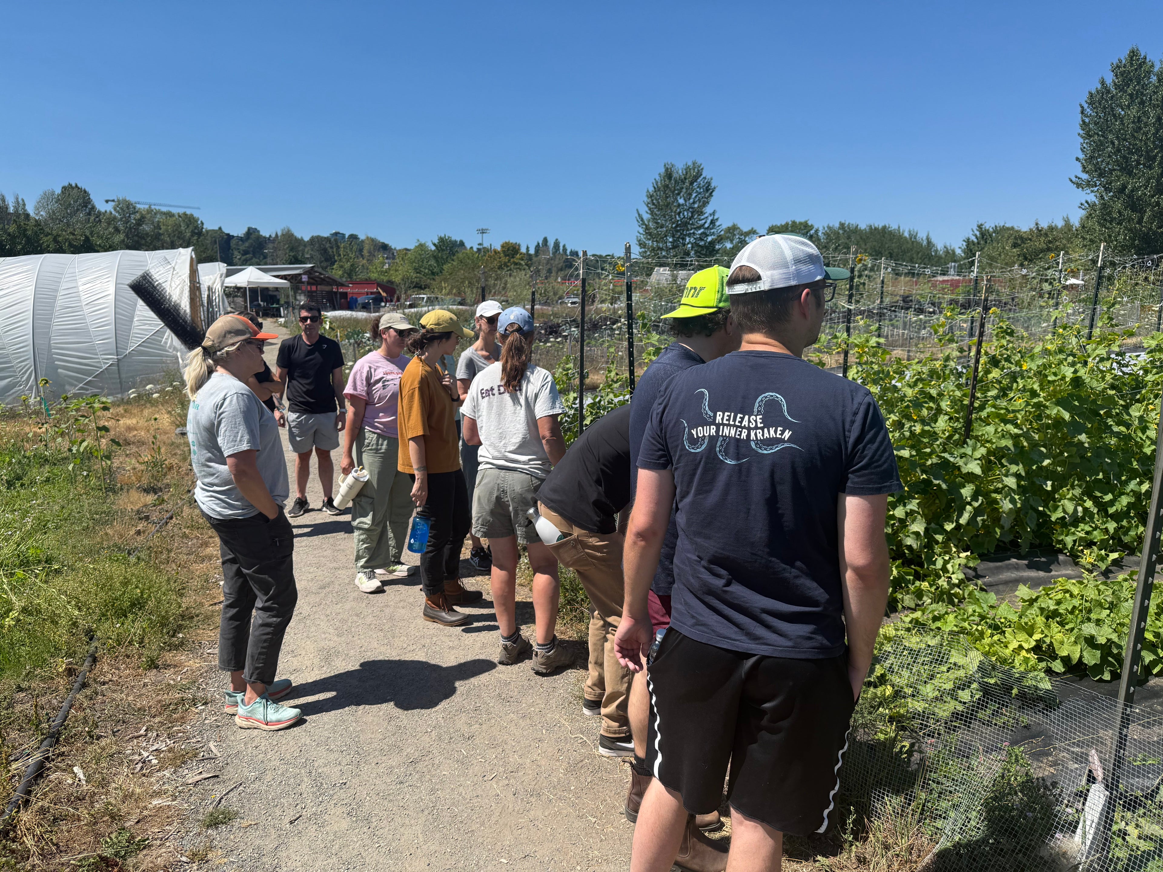 A group of Trident Seafoods employees volunteering at the University of Washington farm to help support urban agriculture