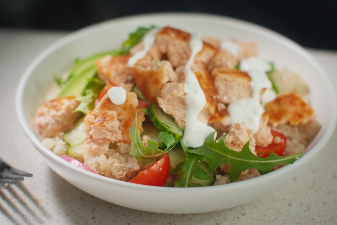 Salmon Quinoa Bowls with Lemon Dill Yogurt Sauce