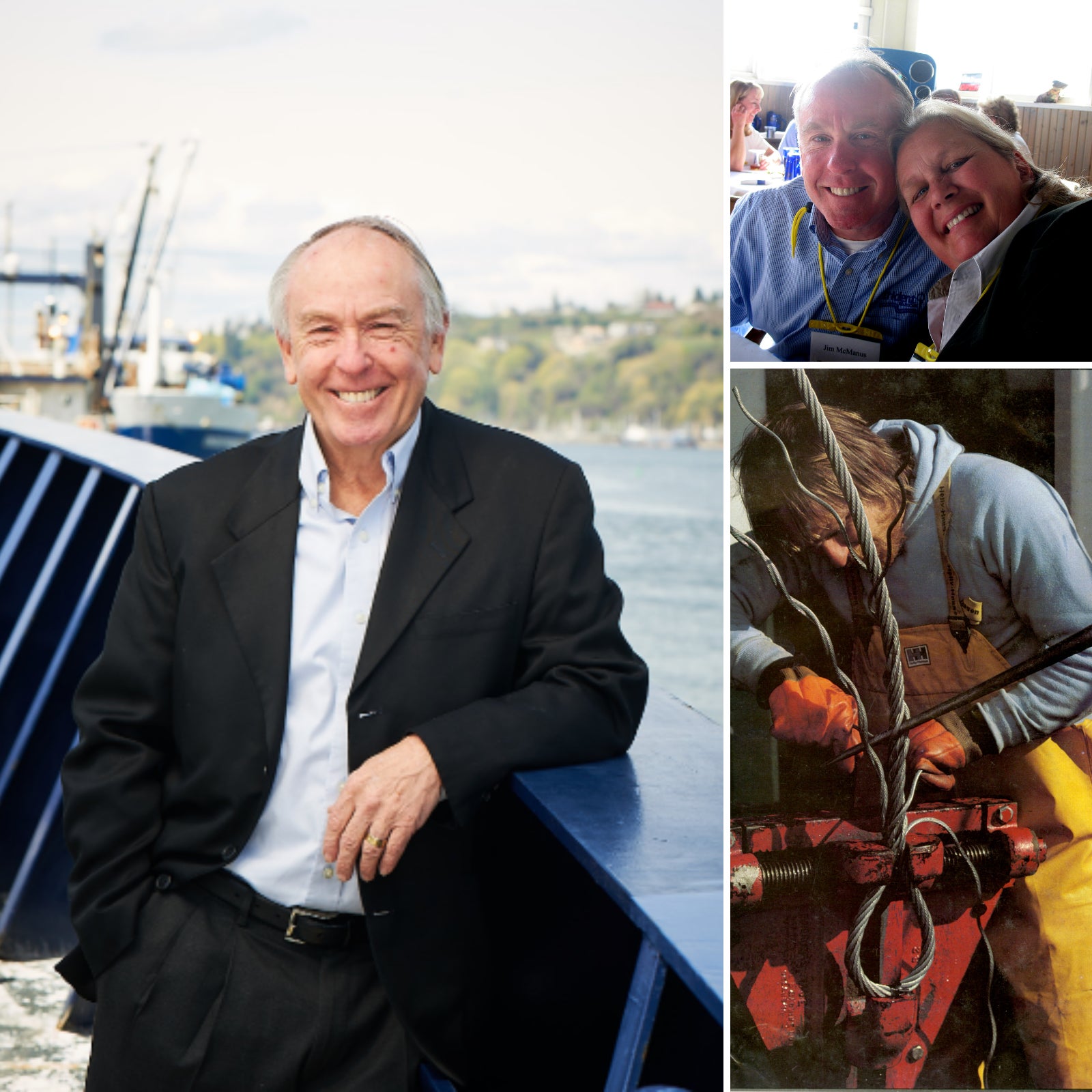 A three‑image collage honoring Jim McManus, a retiring member of Trident’s board of directors. The main image shows Jim McManus standing on a fishing vessel near a working waterfront. 