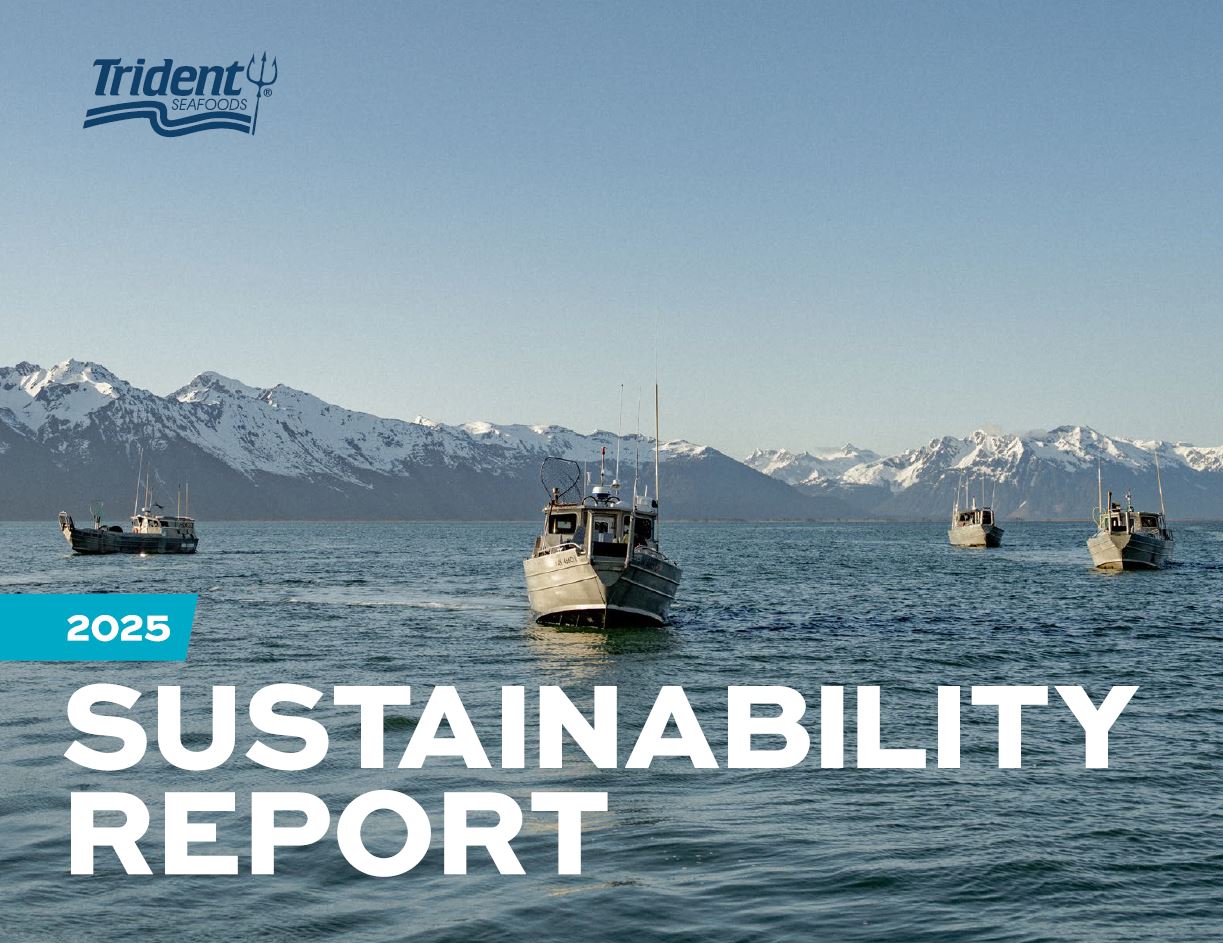 Cover photo of a report with the text that reads, 2025 sustainability report, with four drift boats floating on the ocean with mountains in the background. 