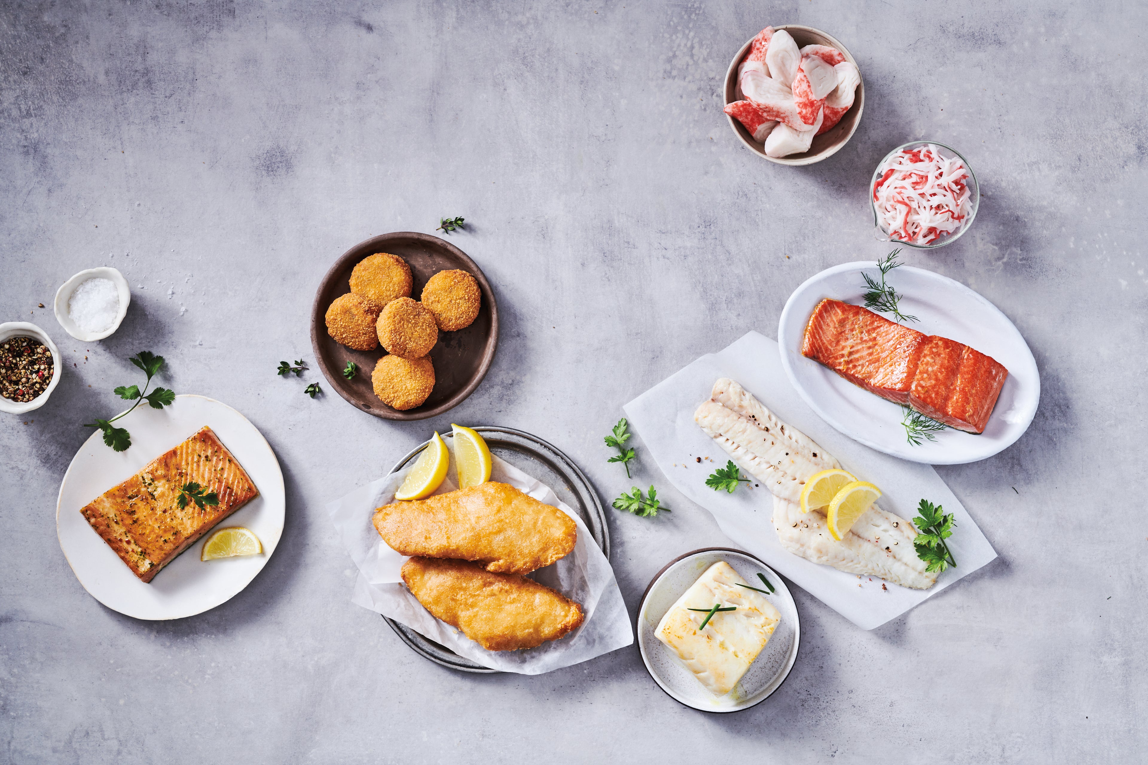 A variety of seafood items offed by Trident Seafoods