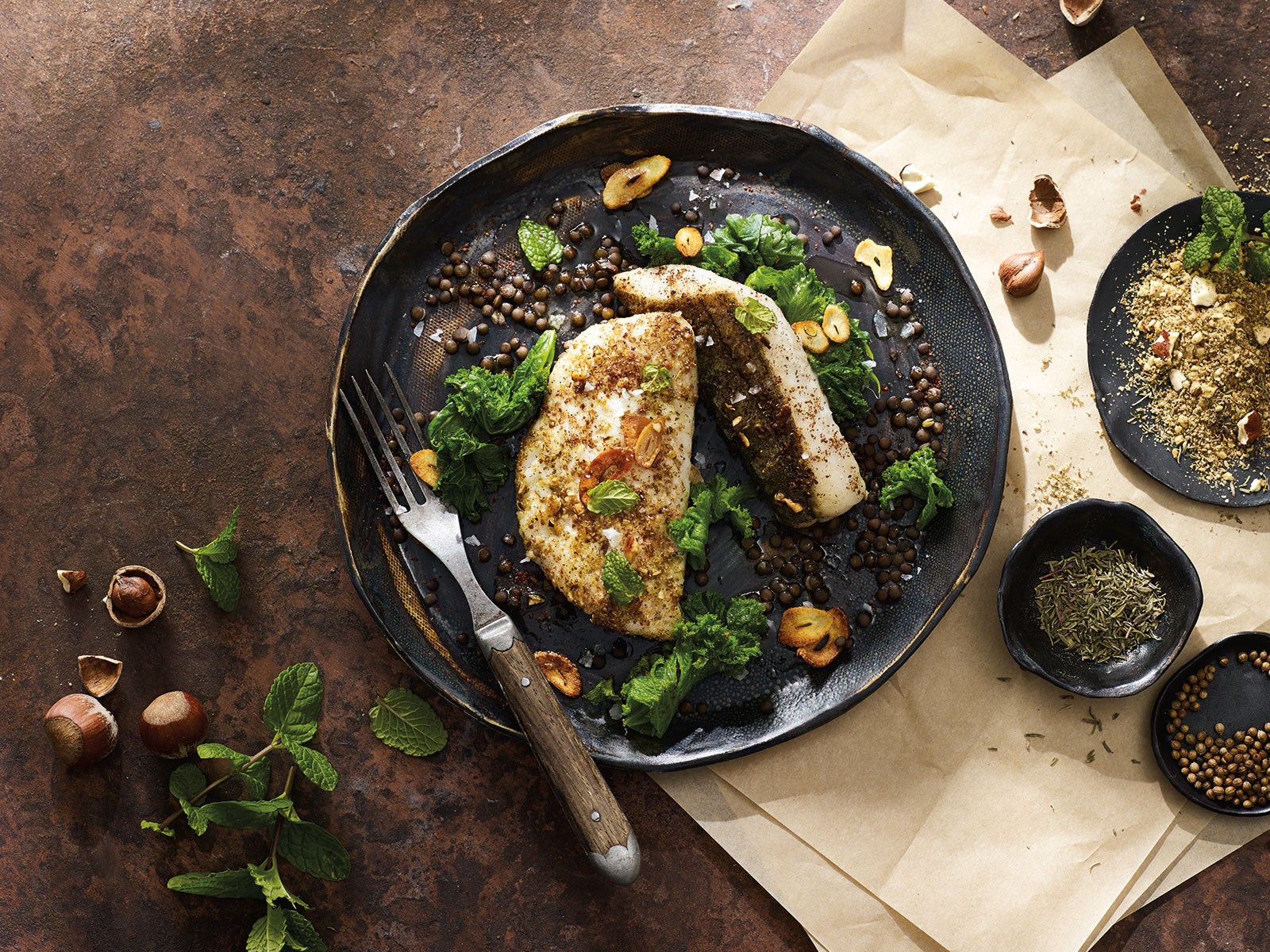 Dukkah-Crusted Wild Alaska Pollock with Lentils and Greens