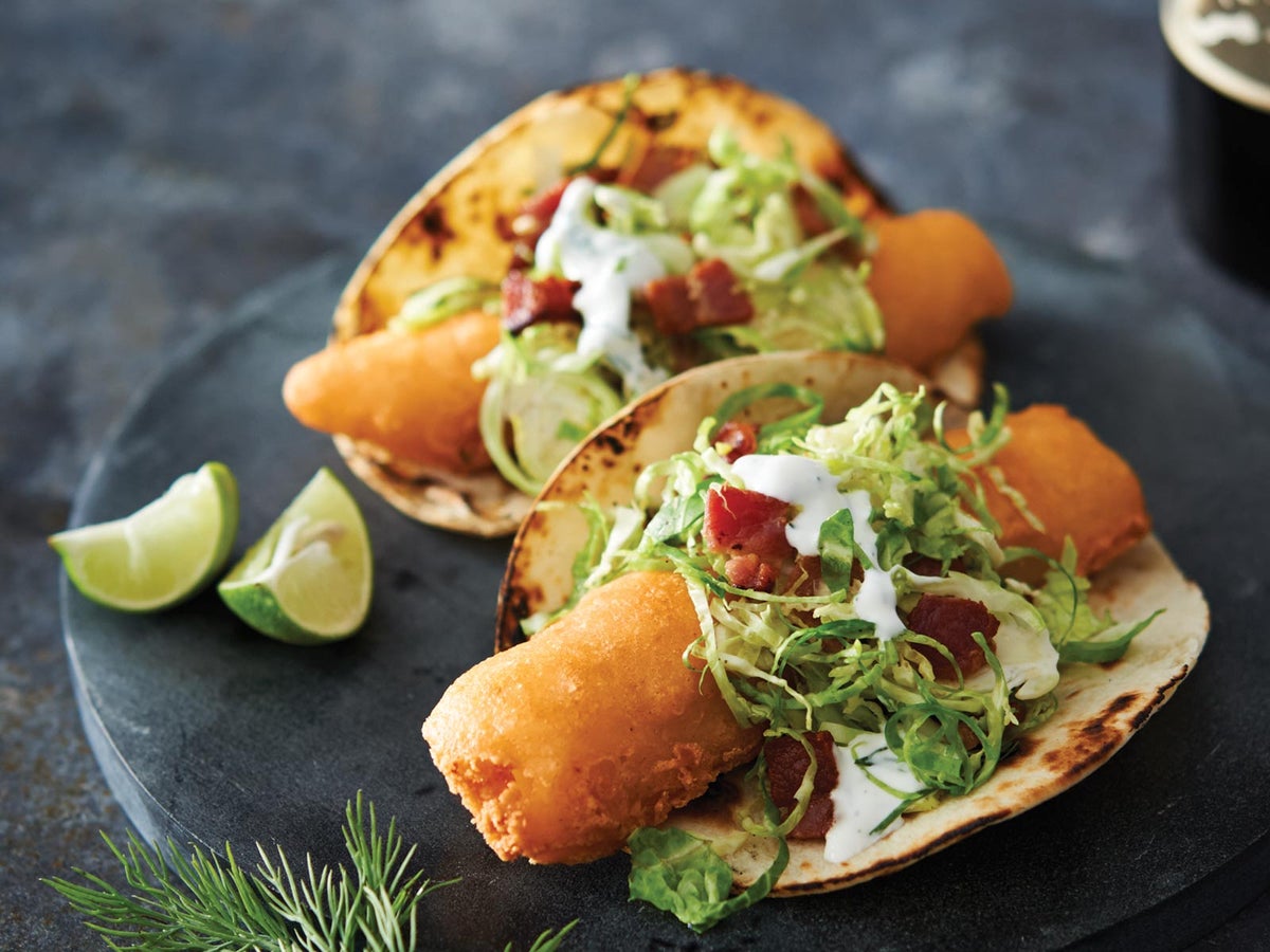 Alaska Cod Tacos with Brussels Sprout & Bacon Slaw and Dilled Sour Cream
