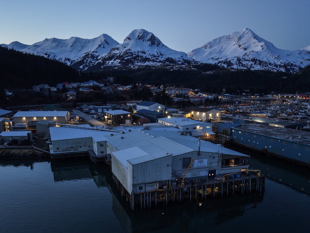 A coastal fishing harbor at dusk with waterfront industrial buildings on pilings above calm water, a town with illuminated lights in the middle ground, and snow-covered mountains rising in the background beneath a clear blue evening sky.