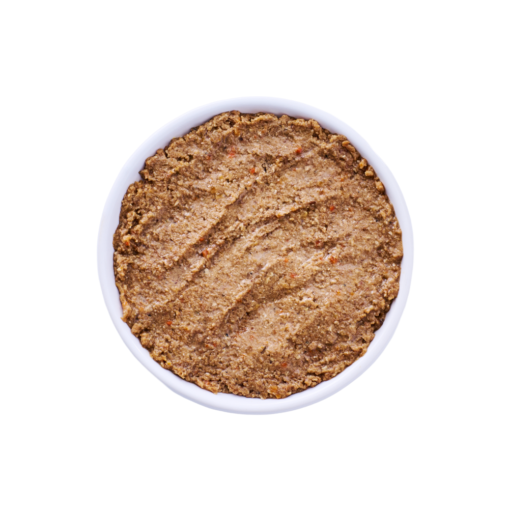 Top view of a white bowl filled with Wild Alaska pollock and salmon paté meal cat food, showing a smooth, dense paté texture with subtle ingredient flecks on a clean white background.