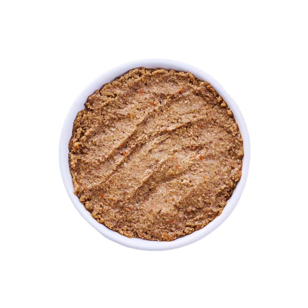 Top view of a white bowl filled with Wild Alaska pollock and salmon paté meal cat food, showing a smooth, dense paté texture with subtle ingredient flecks on a clean white background.
