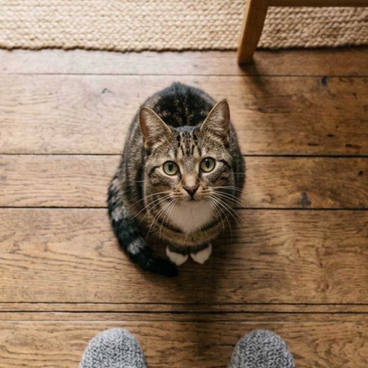 Overhead view of a cat sitting centered on a wooden floor, looking upward with ears alert, surrounded by evenly spaced wood planks and warm indoor lighting.