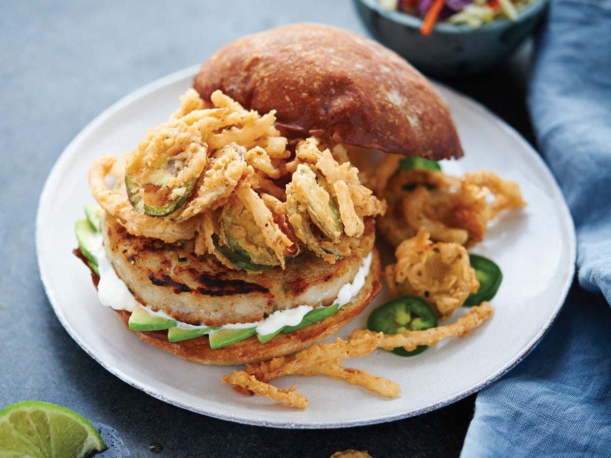 Wild Alaska Pollock Burger with Fried Onions, Jalapenos and Pickles