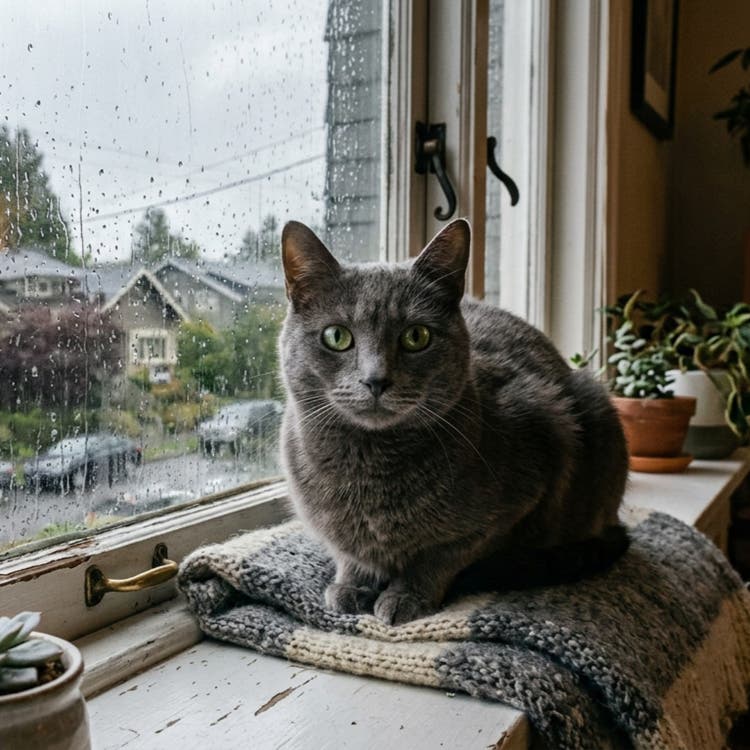 A gray cat sits curled on an indoor windowsill, facing outward toward a softly lit exterior scene, with the window frame and glass visible in the background.