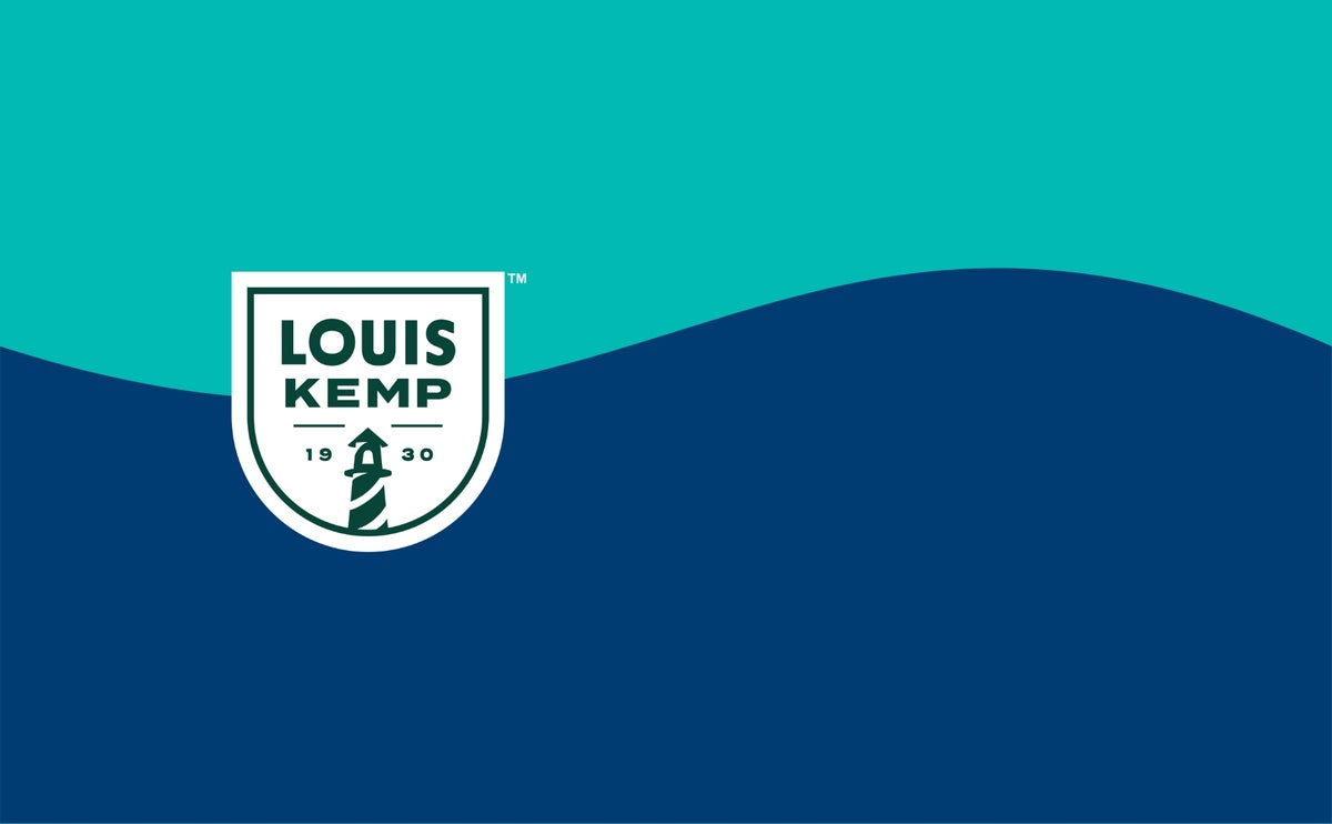 The Louis Kemp logo appears against a stylized background featuring two different shades of blue that intersect in a wave-like pattern