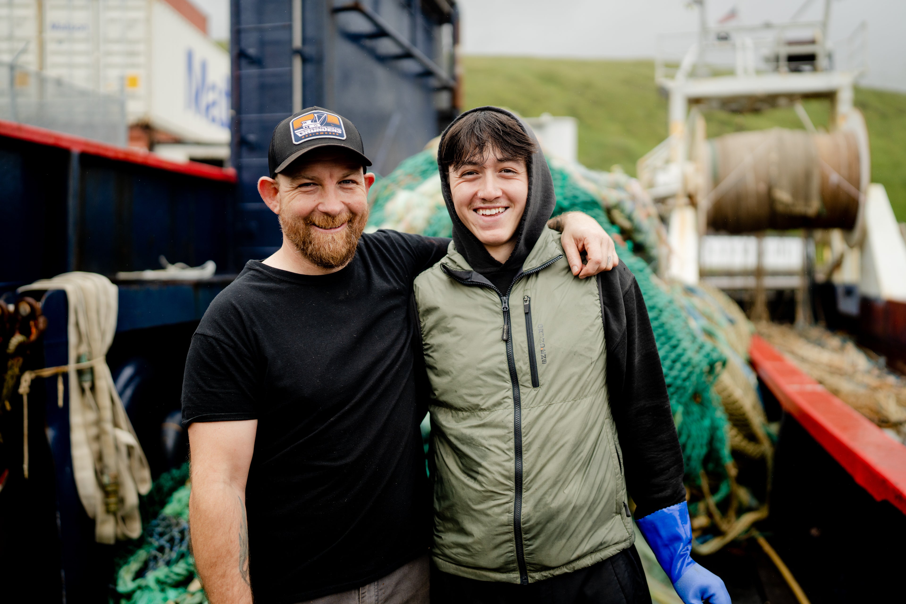 Father and son duo, Derek and Emory, are all smiles after a successful trip fishing wild Alaska pollock.