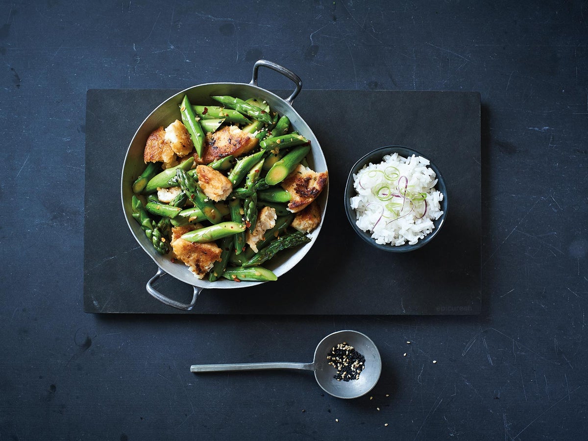 Spicy Asparagus & Wild Alaska Pollock Burger Stir-Fry