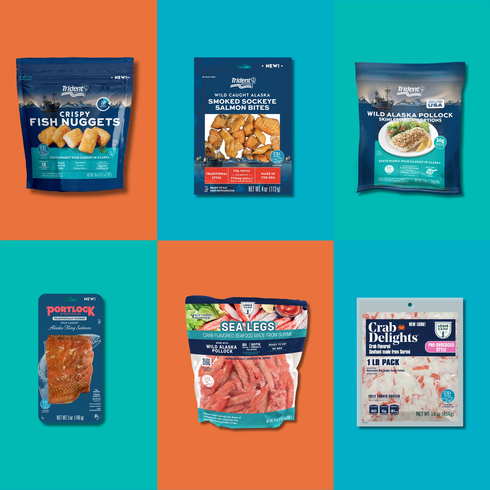A variety of Trident Seafoods and Louis Kemp products sit against a three-colored grid