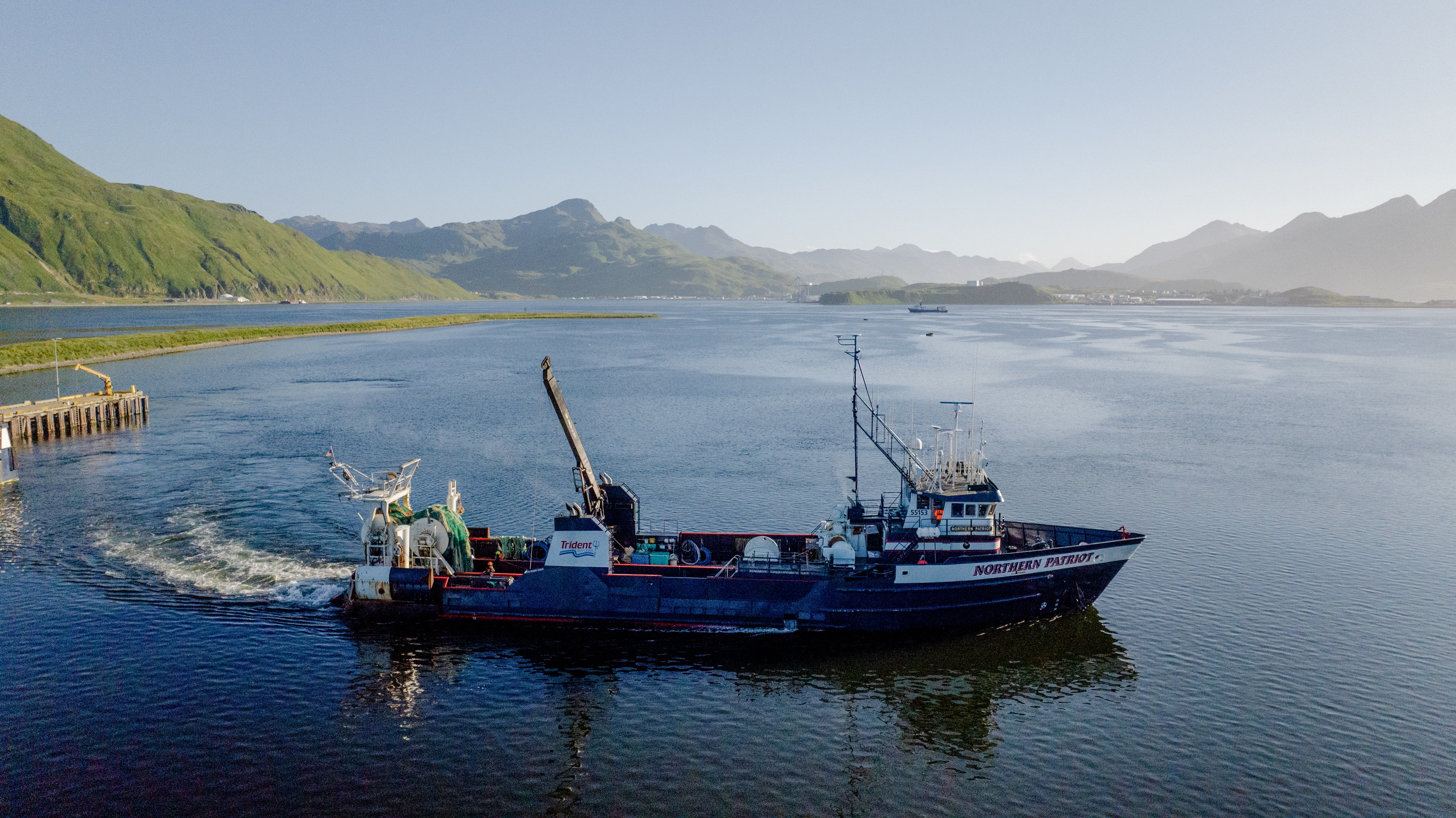 The F/V Northern Patriot, a pelagic trawl vessel that harvests wild Alaska pollock in the Bering Sea, leaves port in Dutch Harbor, Alaska. 