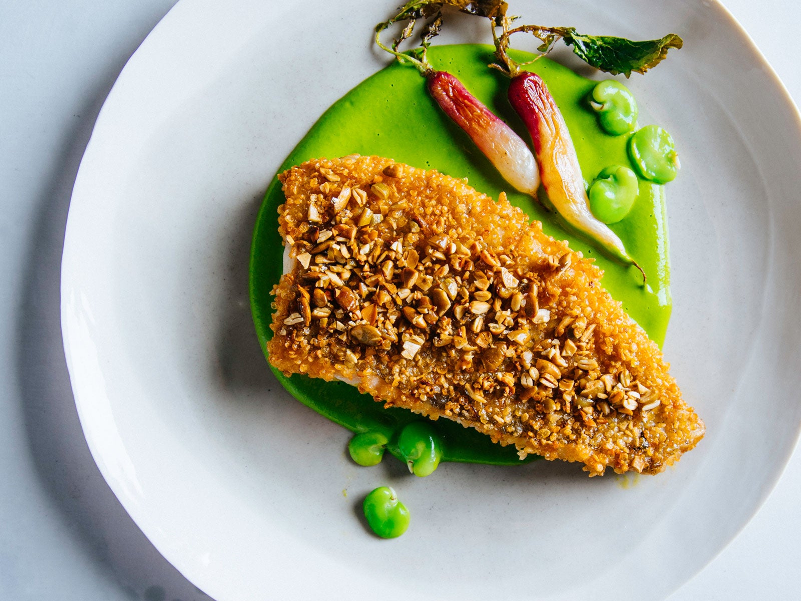 Puffed Quinoa and Seed Crusted Wild Alaska Pollock with Roasted Radish and Fava Mint Puree