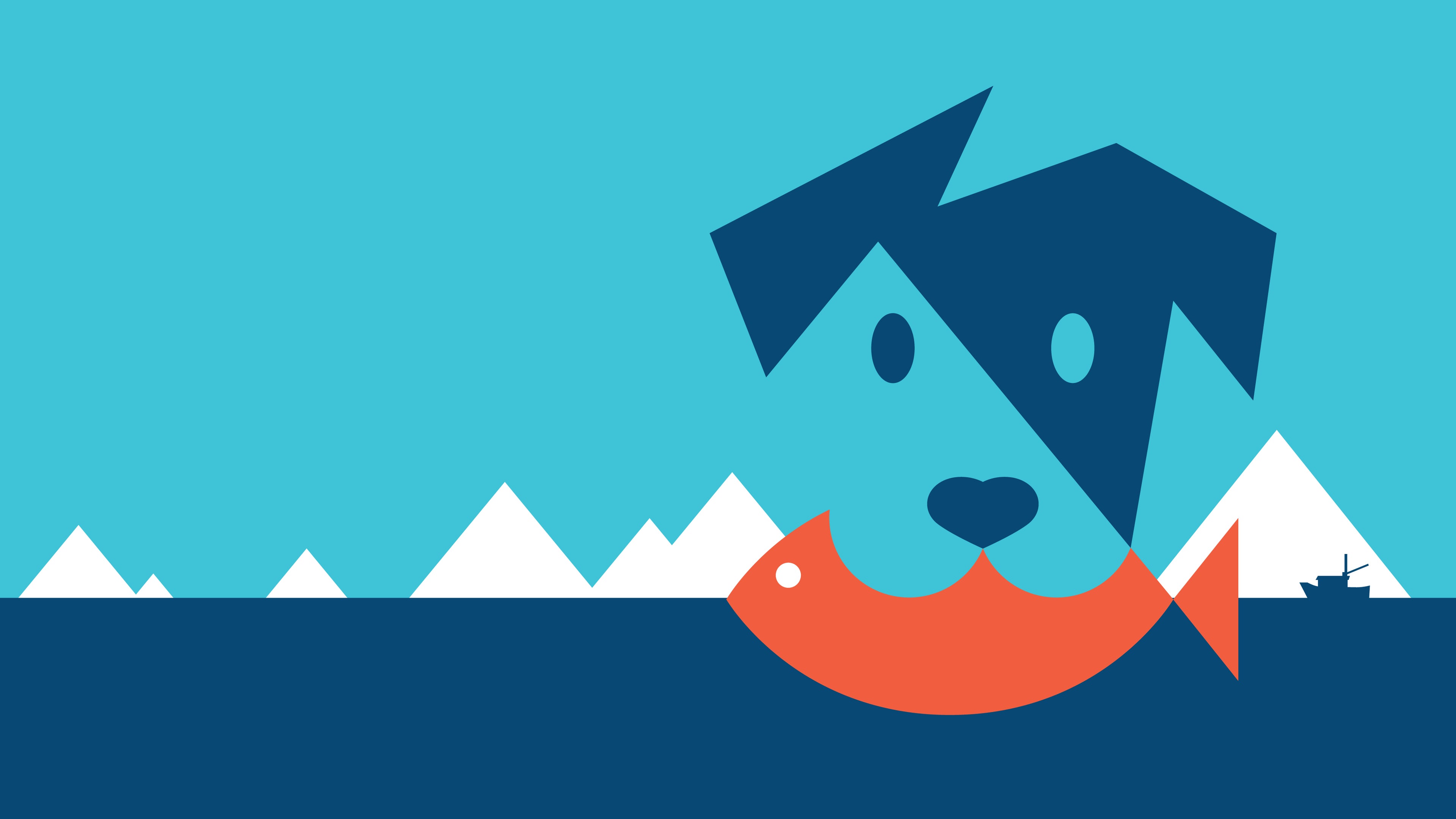 Cartoon representation of a dog with a fish in its mouth with small mountains in the background. 