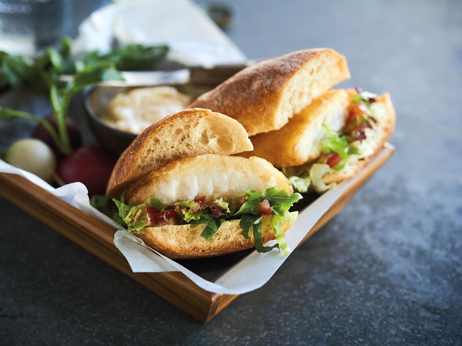 Battered Cod and Horseradish Aioli Baguette