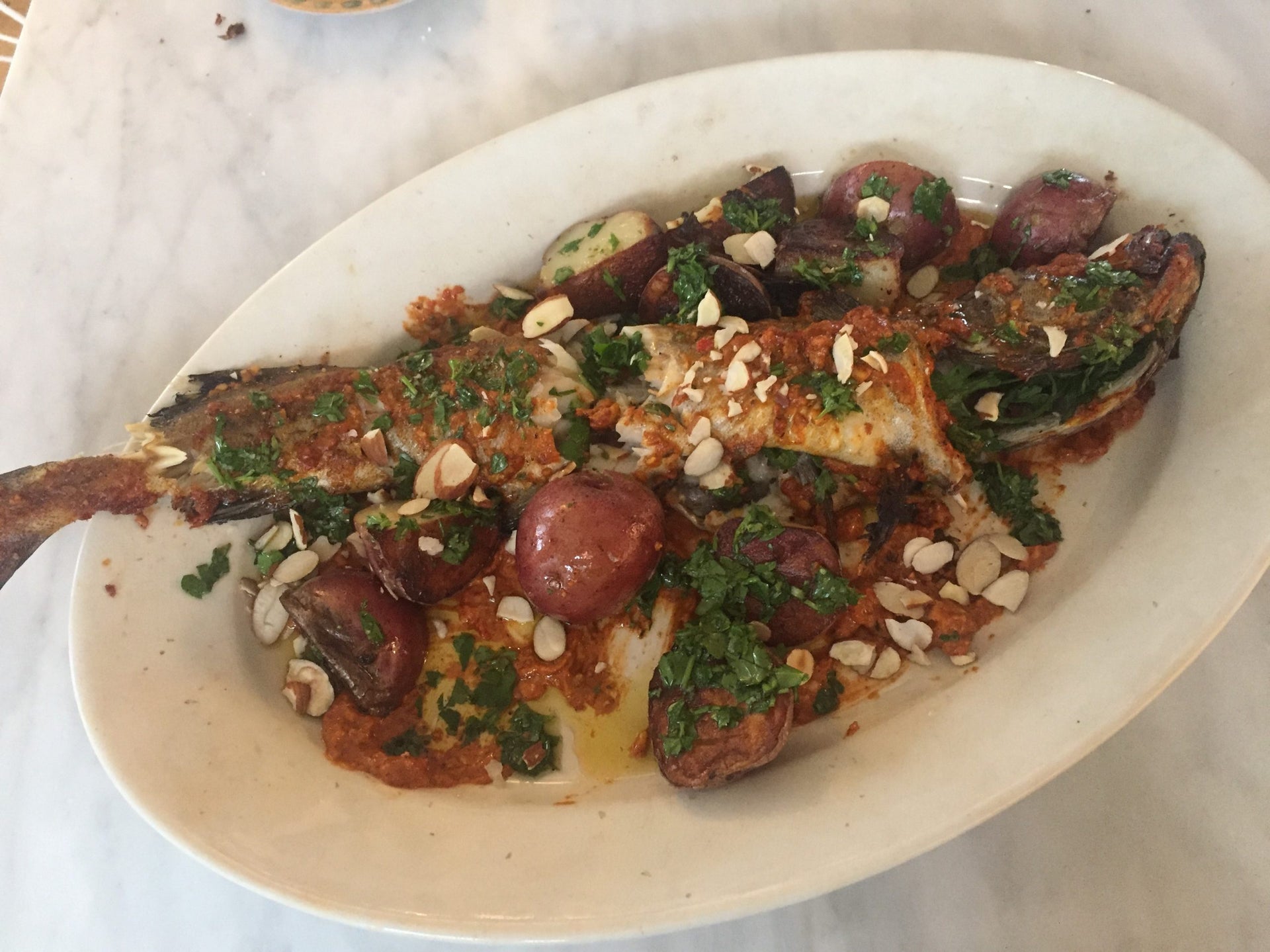 Roasted Wild Alaska Pollock with Crispy Potatoes & Romesco