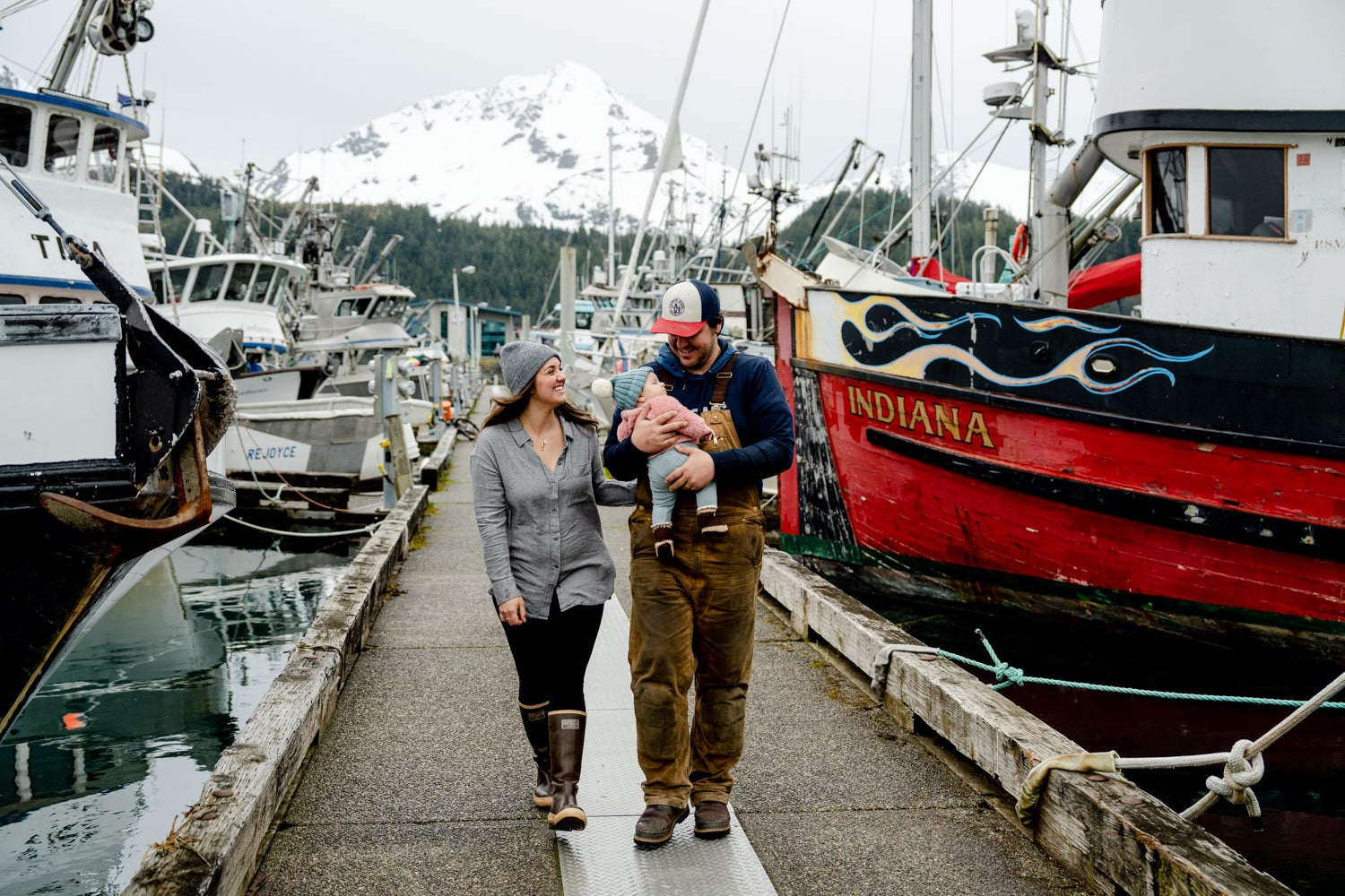 Kinsey, Zeke and Odette walking the docks in Cordova, AK.