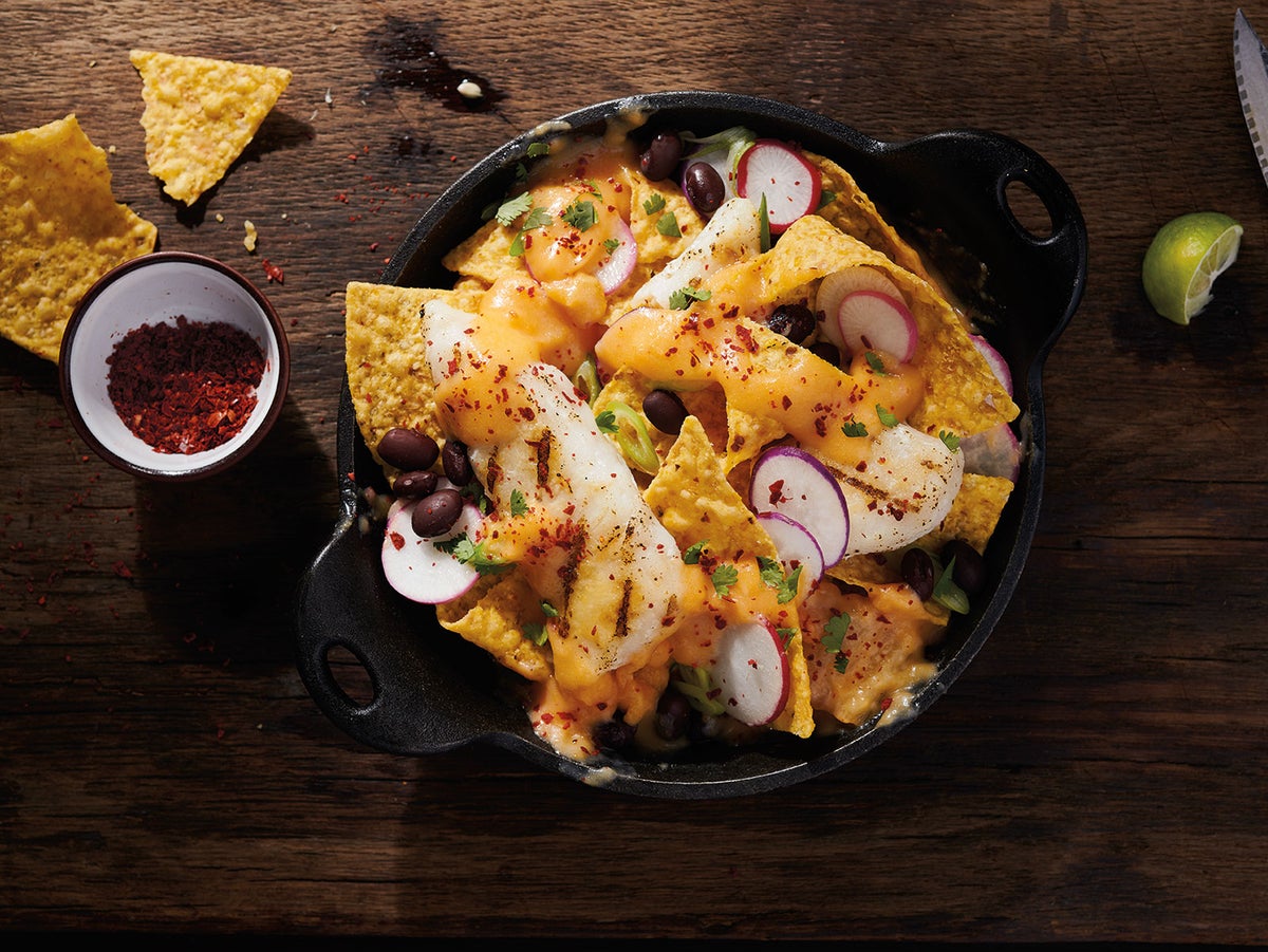 Korean Nachos with Grilled Wild Alaska Pollock & Kimchi Cheese Sauce