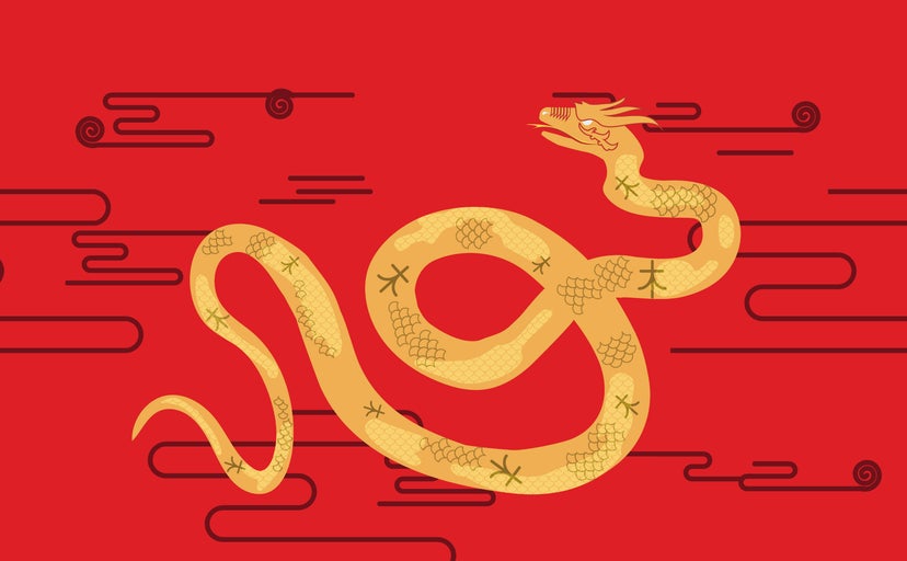 A snake against a red background represents this year's Lunar New Year celebration