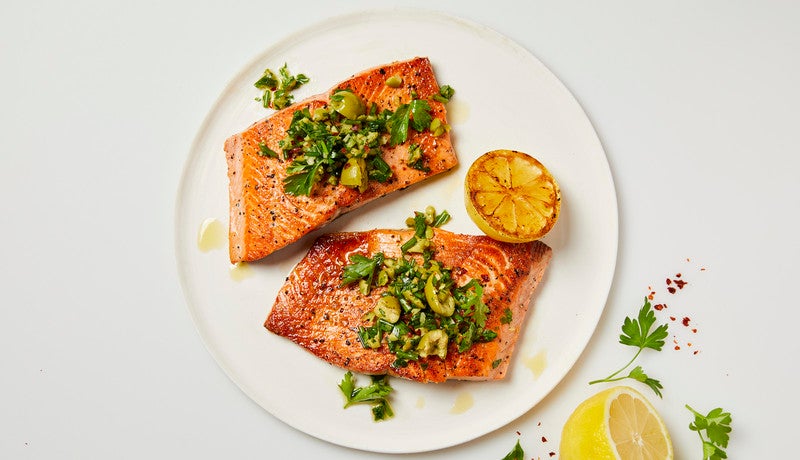 Seared Salmon with Green Olive Salsa Verde