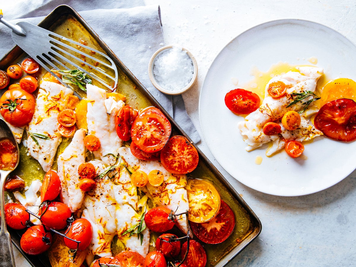 Oven Roasted Wild Alaska Pollock with Heirloom Tomatoes & Saffron