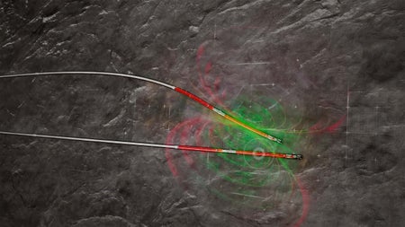 Two bottomhole assemblies drilling underground, with colored magnetic field lines illustrating magnetic ranging between the tools.