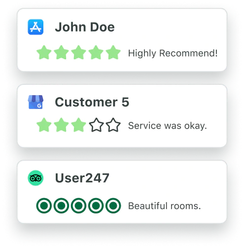Example of customer reviews from the Apple App Store, Google My Business, and TripAdvisor seen in Sprout Social.