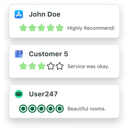 Ejemplo de reseñas de los clientes de App Store de Apple, Google My Business y TripAdvisor que se ven en Sprout Social.