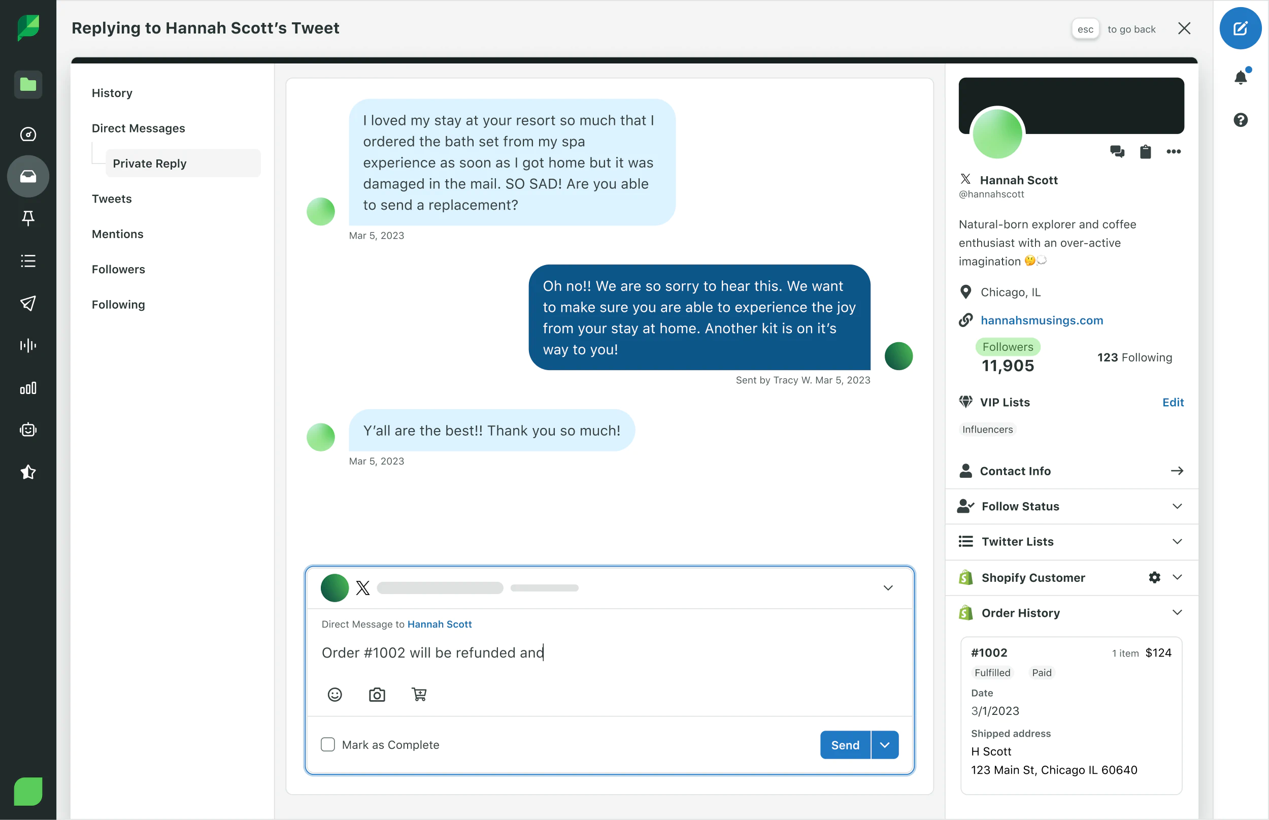 Ejemplo de cómo responder un mensaje directo de un cliente dentro de la Entrada inteligente de Sprout Social.