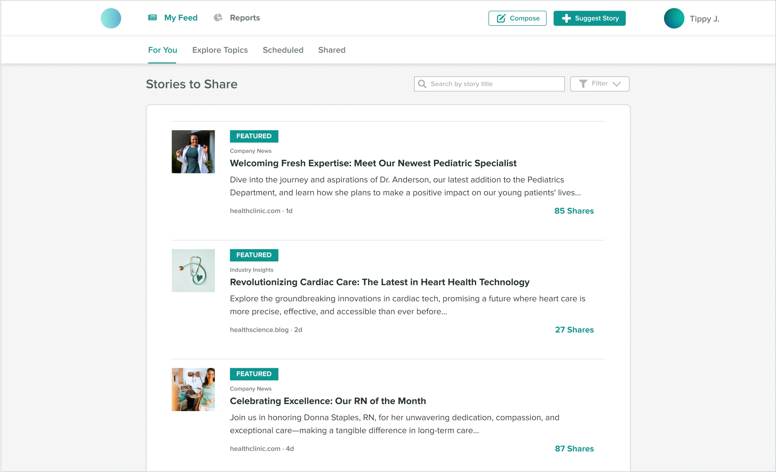 Exemplo de feed do Employee Advocacy do Sprout Social com stories destacados para compartilhar.