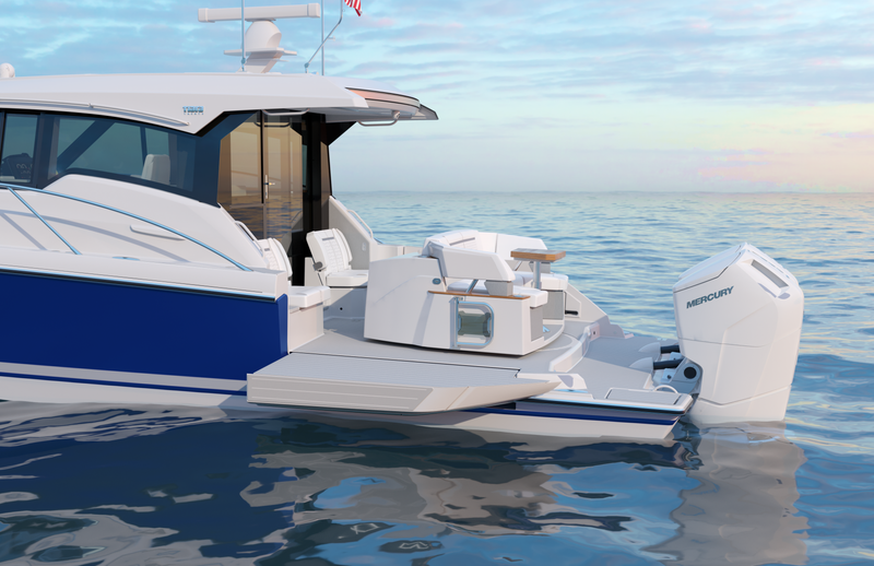 Tiara Yachts 43 LE with Buffet Lounge rotated aft and hullside terrace deployed