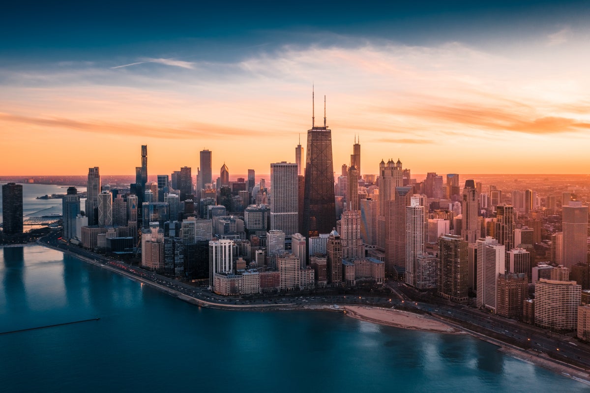 Chicago Skyline at Sunset, John Hancock Building, Lake Shore Drive