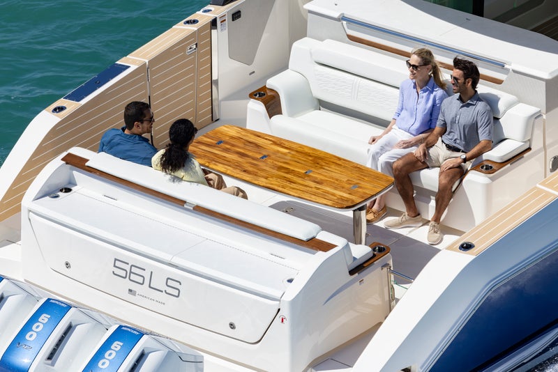 56 LS - Aft Cockpit, forward and aft facing lounges with high-gloss teak table