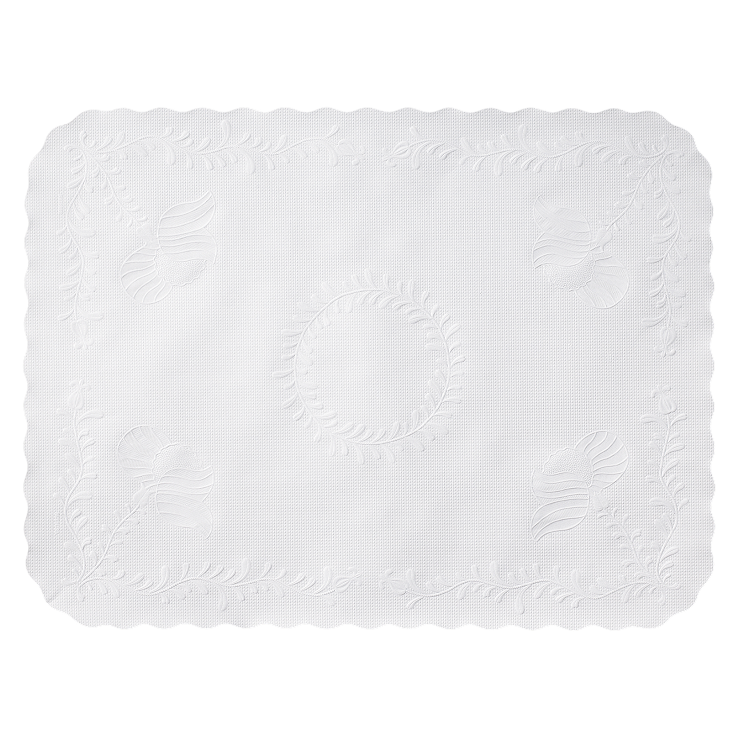 12.75 in x 16.5 in Anniversary Embossed Scalloped Edge White Paper Traymats 2000 ct.