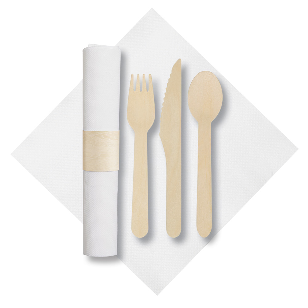 7.75 in x 7.75 in Pre-rolled FashnPoint CaterWrap White Napkins with Earthwise Wood Cutlery 50 ct.