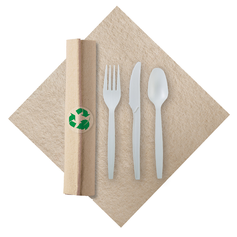 8.5 in x 4.25 in Pre-rolled Linen-Like CaterWrap Kraft Napkins with Cutlery 100 ct.