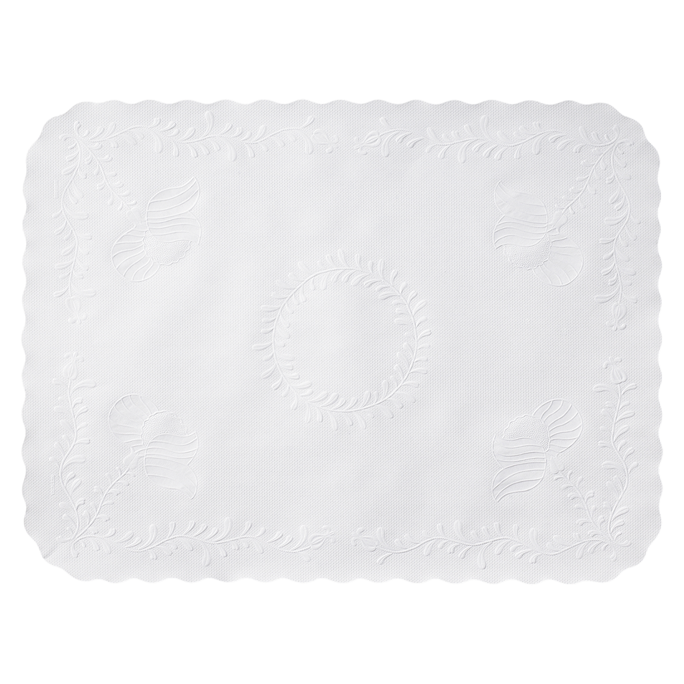 12.75 in x 16.75 in Anniversary Embossed Scalloped White Paper Traymats 1000 ct.