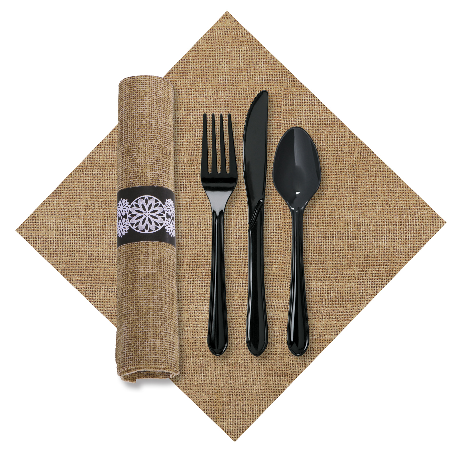 7.75 in x 7.75 in Pre-rolled FashnPoint CaterWrap Kraft Dinner Napkins with Black Cutlery 100 ct.