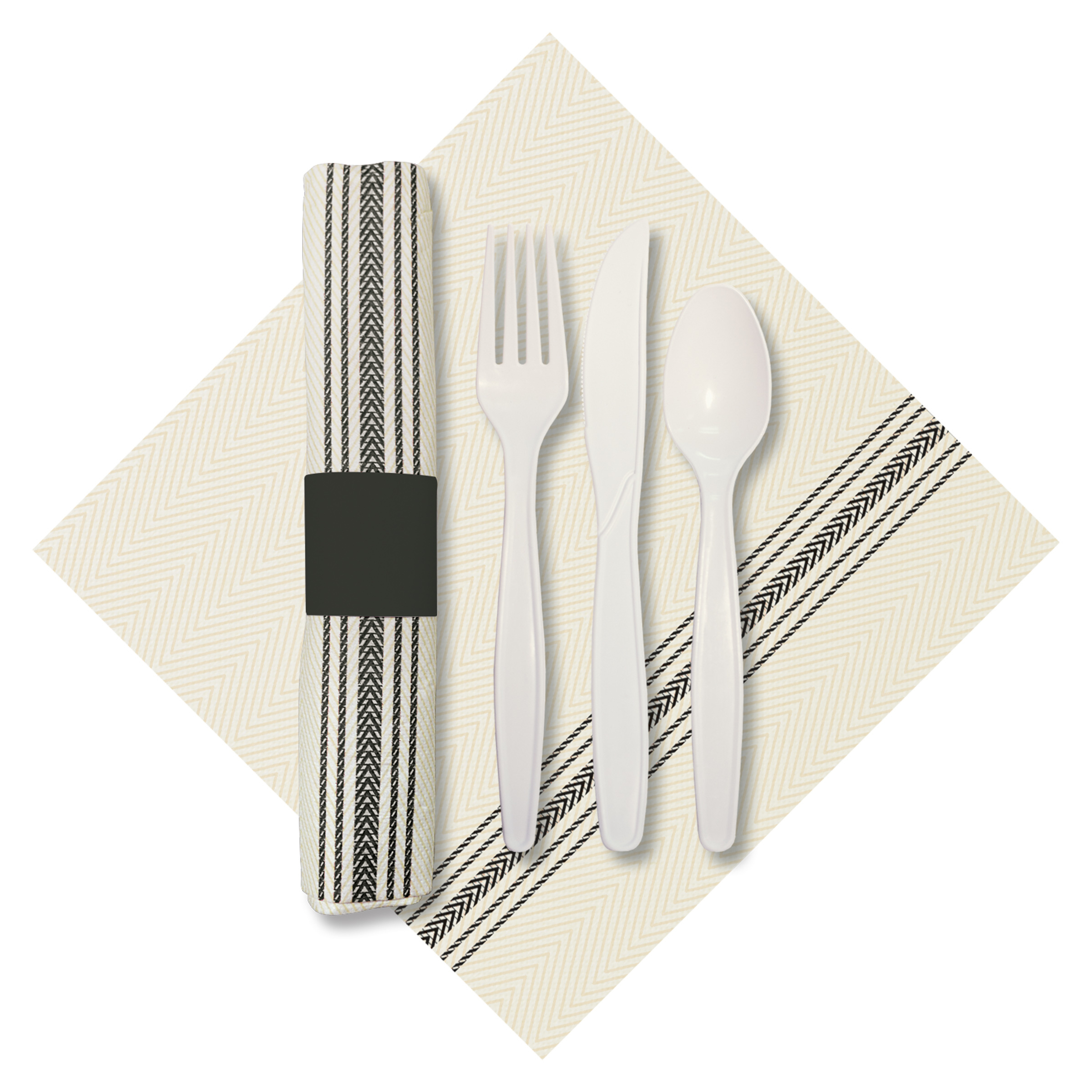 8 in x 4 in Pre-rolled CaterWrap Black Ticking Stripe Dinner Napkins with Earthwise Cutlery 100 ct.