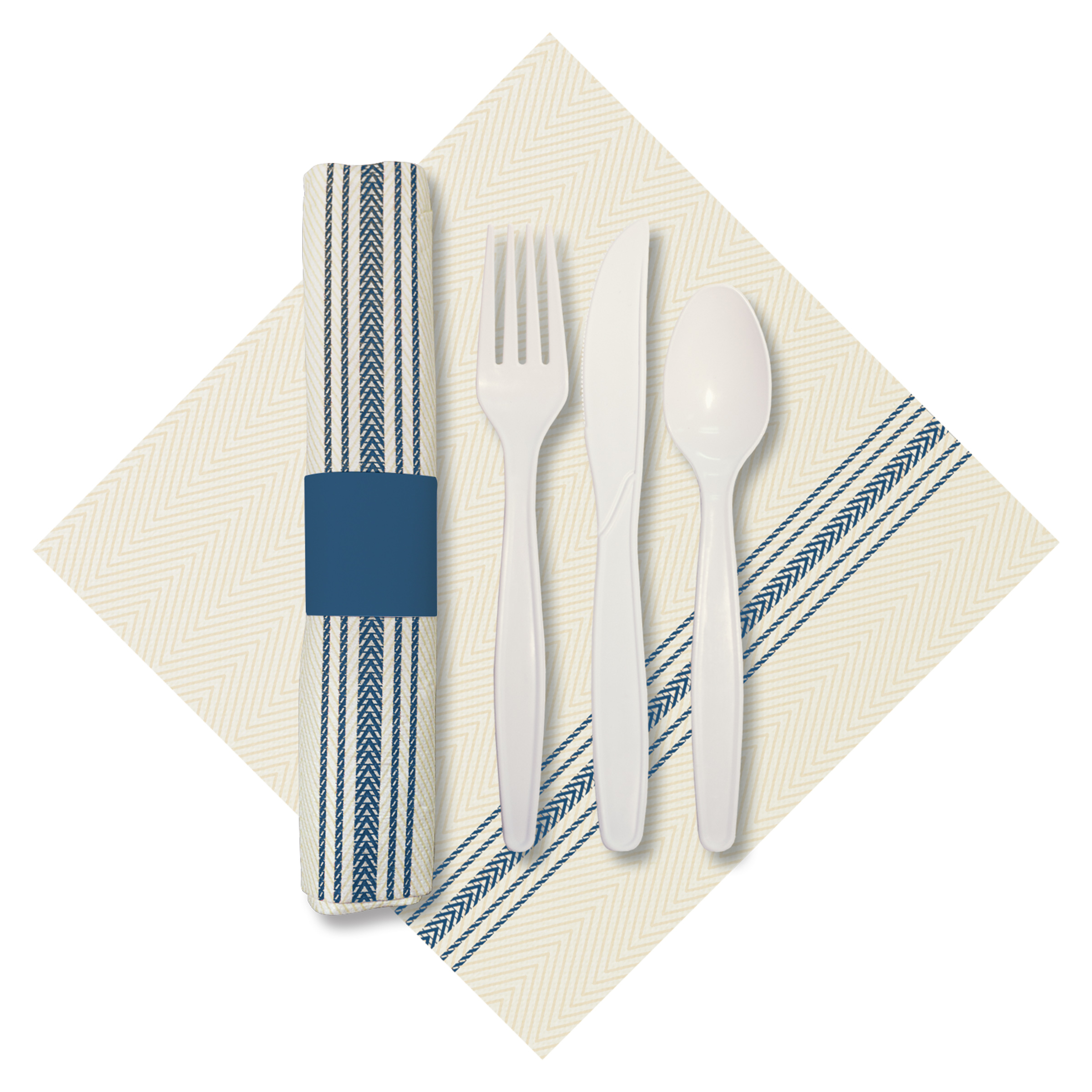 8 in x 4 in Pre-rolled CaterWrap Blue Ticking Stripe Dinner Napkins with Earthwise Cutlery 100 ct.