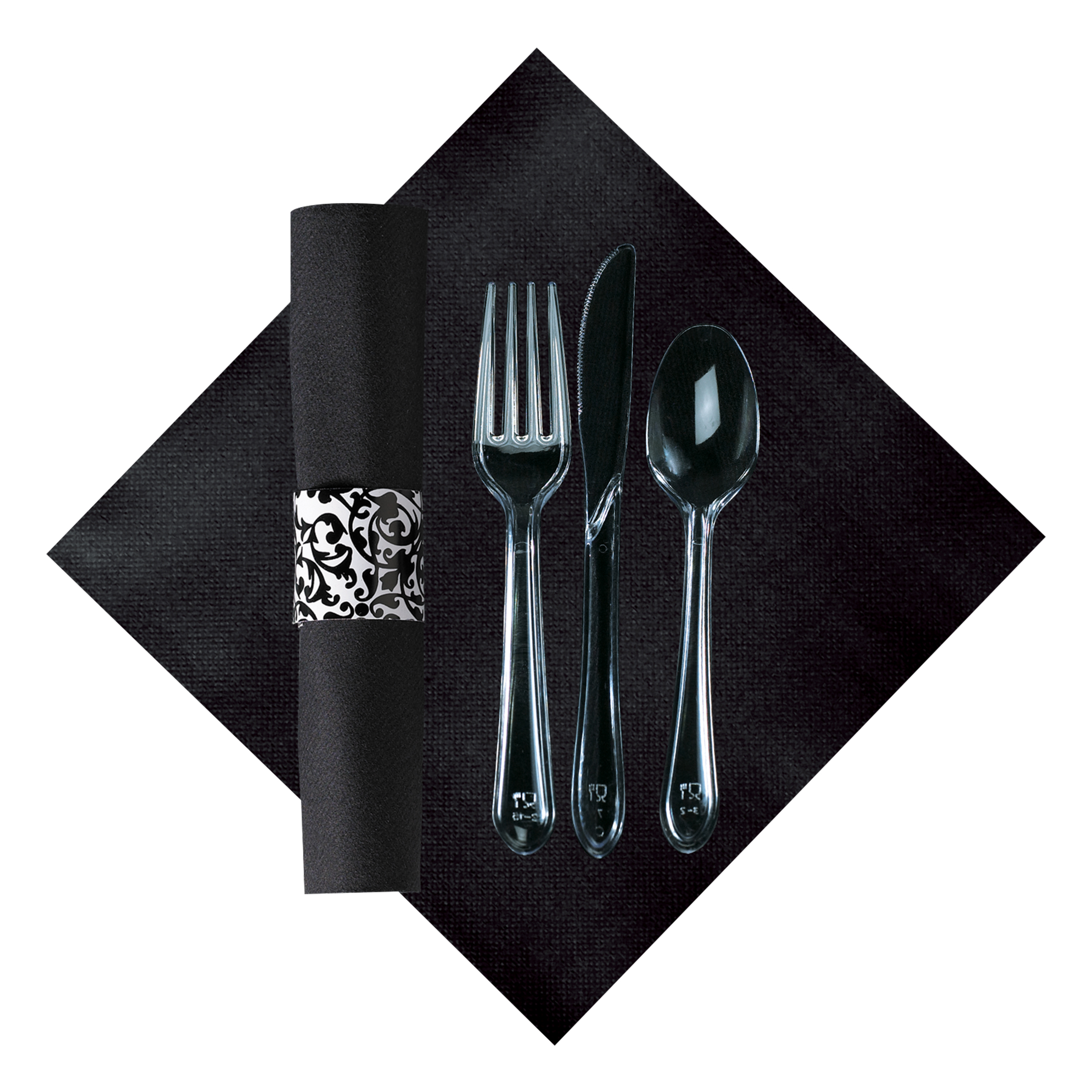 8 in x 8.5 in Pre-rolled Linen-Like CaterWrap Black Napkins with Clear Cutlery 100 ct.