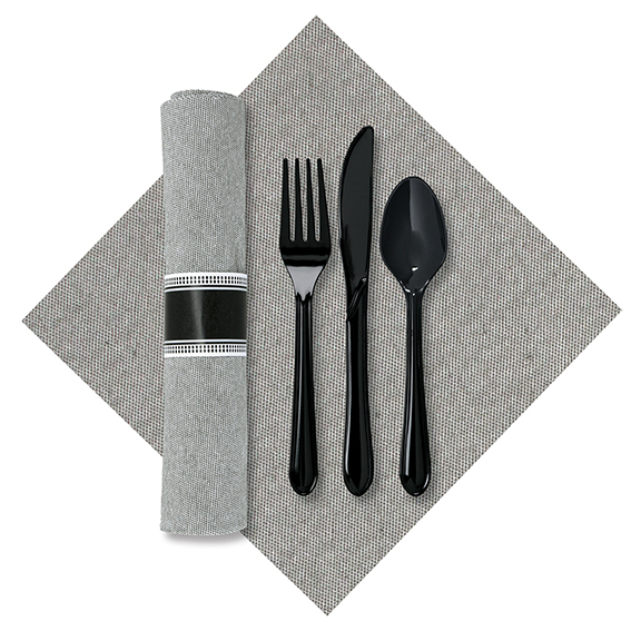 7.5 in x 4.25 in Pre-rolled Linen-Like Natural CaterWrap Gray Onyx Dinner Napkins with Black Cutlery 100 ct.