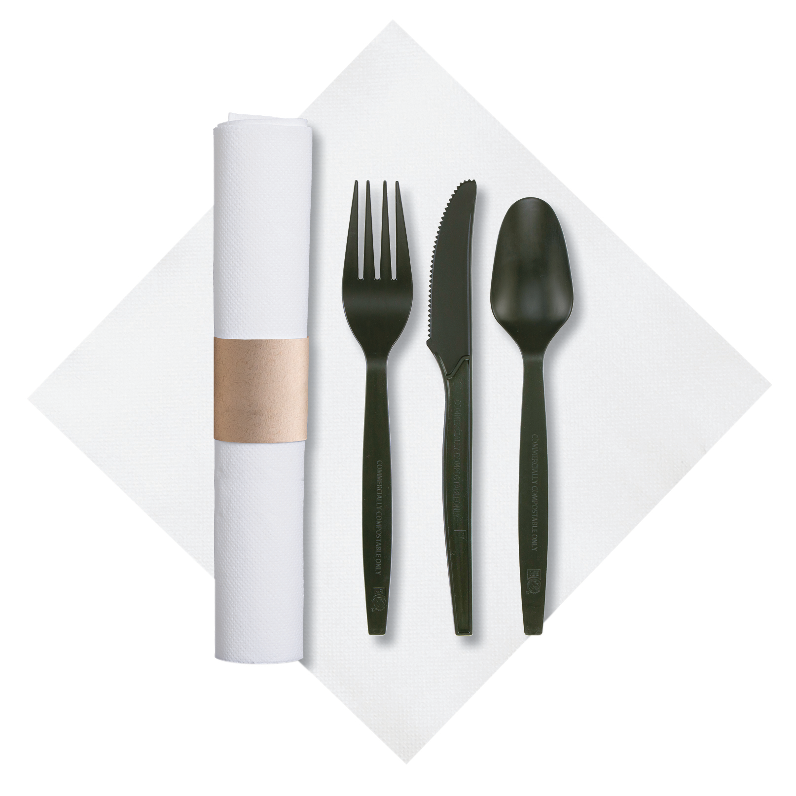 7.75 in x 7.75 in Pre-rolled FashnPoint Kraft CaterWrap White Napkins with Black Cutlery 50 ct.