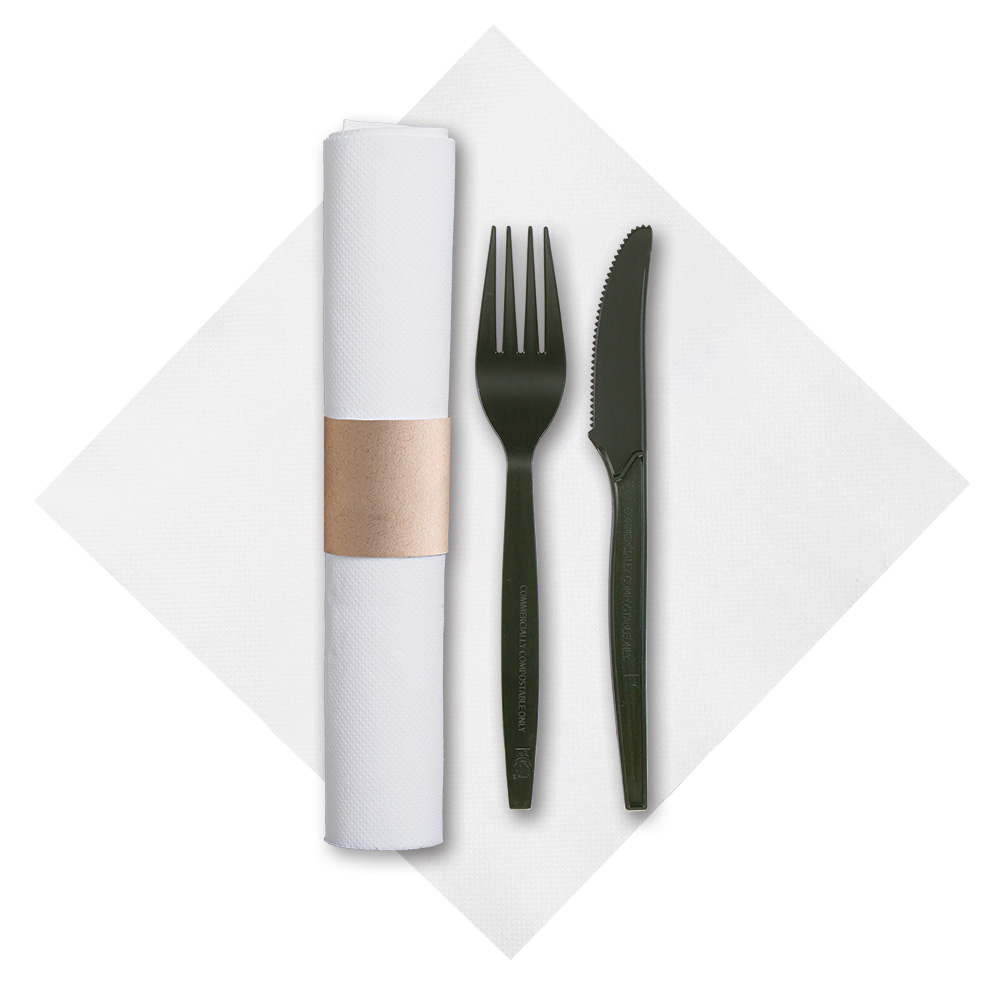 7.75 in x 7.75 in Pre-rolled FashnPoint Kraft CaterWrap White Napkins Black Knife and Fork 50 ct.