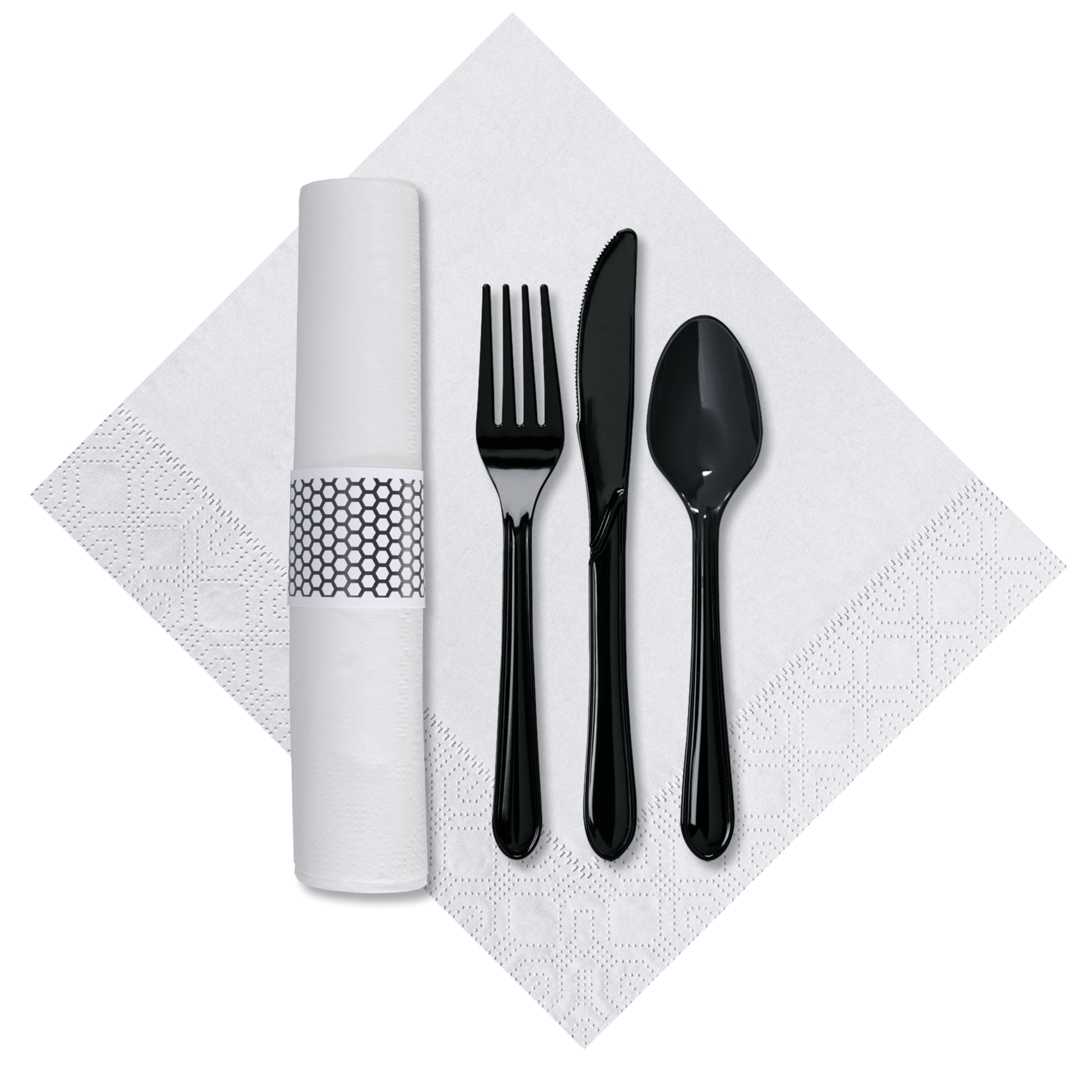 8.5 in x 4.25 in Pre-rolled CaterWrap White Napkins with Black Cutlery 100 ct.