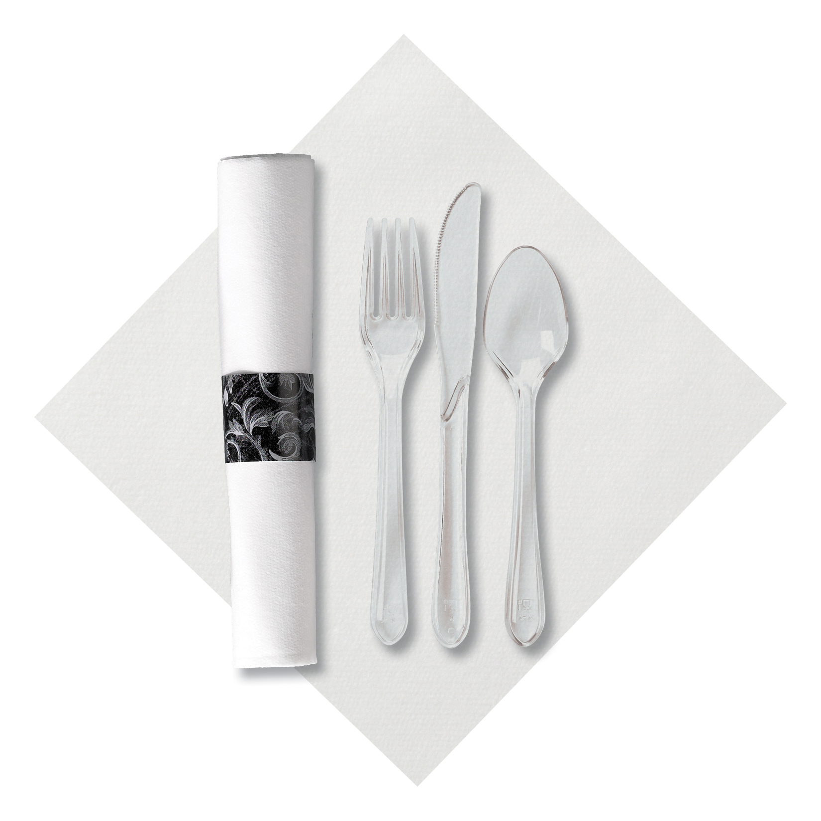 8 in x 8.5 in Pre-rolled Linen-Like CaterWrap White Napkins with Clear Cutlery 100 ct.