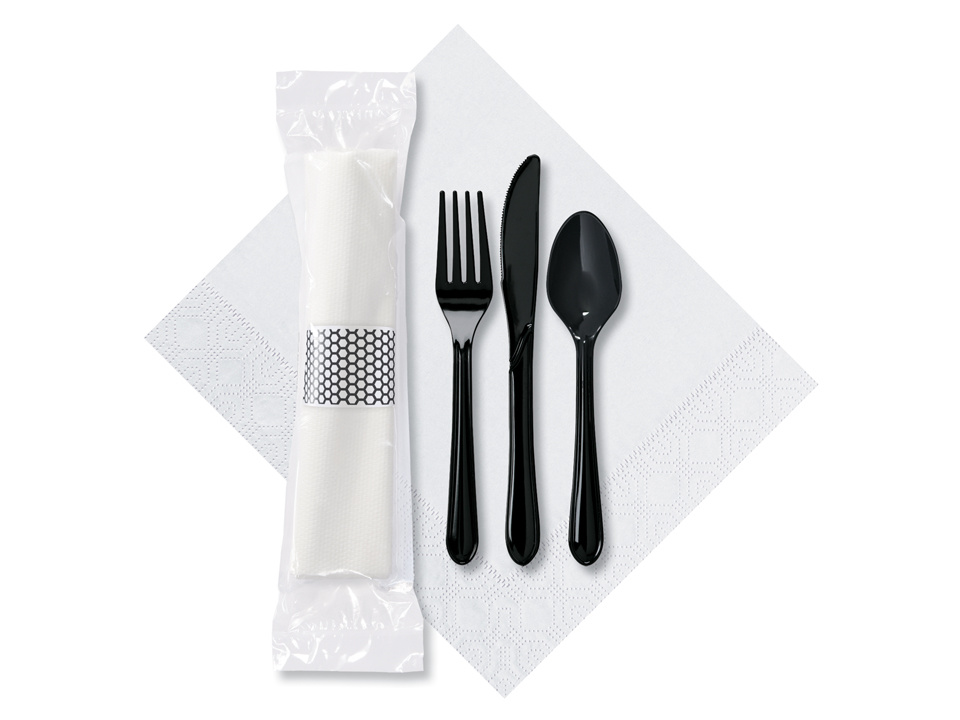 7.5 in x 4.25 in Pre-rolled Cater To Go Express White Dinner Napkins with Black Cutlery 100 ct.