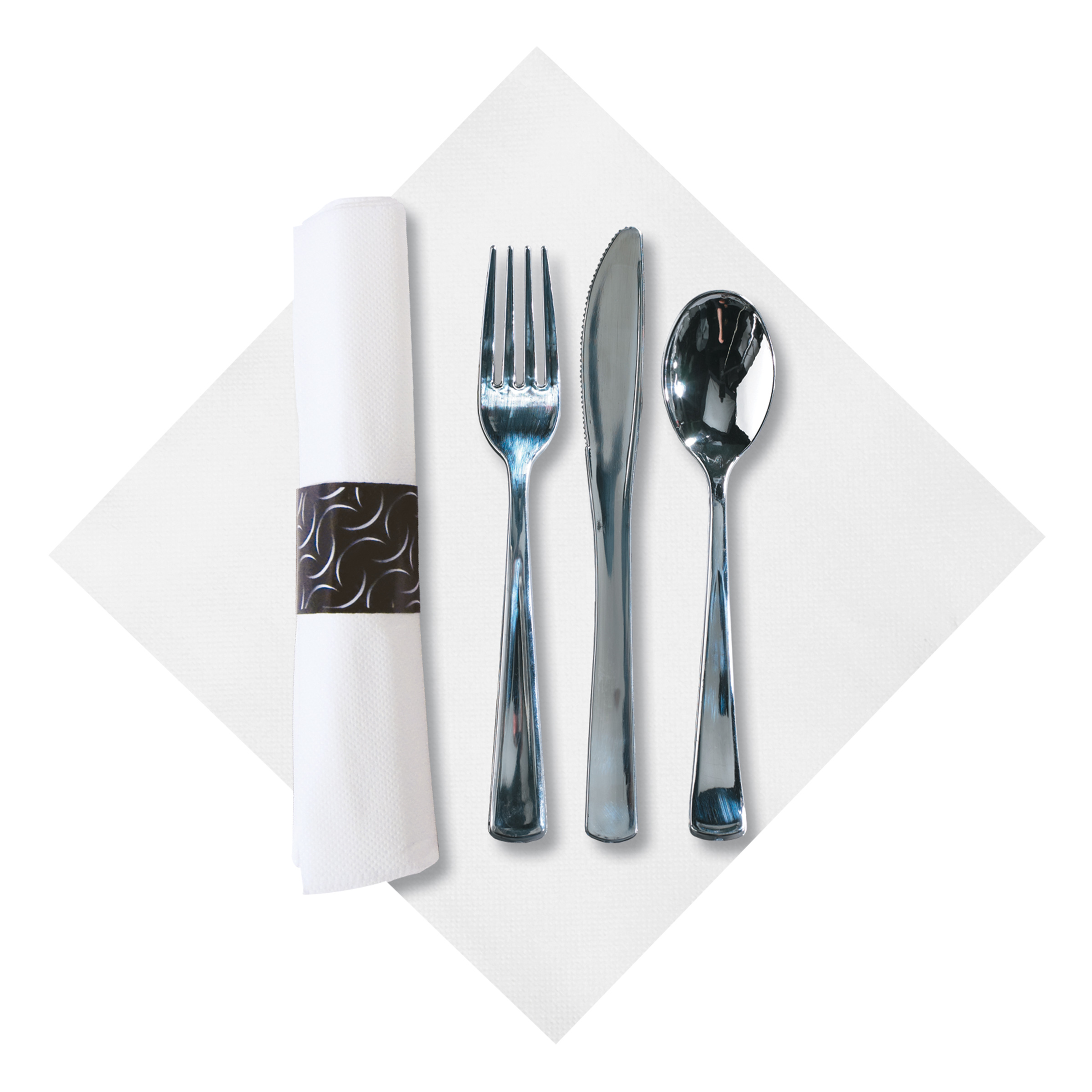7.75 in x 7.75 in Pre-rolled CaterWrap White FashnPoint Napkins with Metallic Cutlery 100 ct.